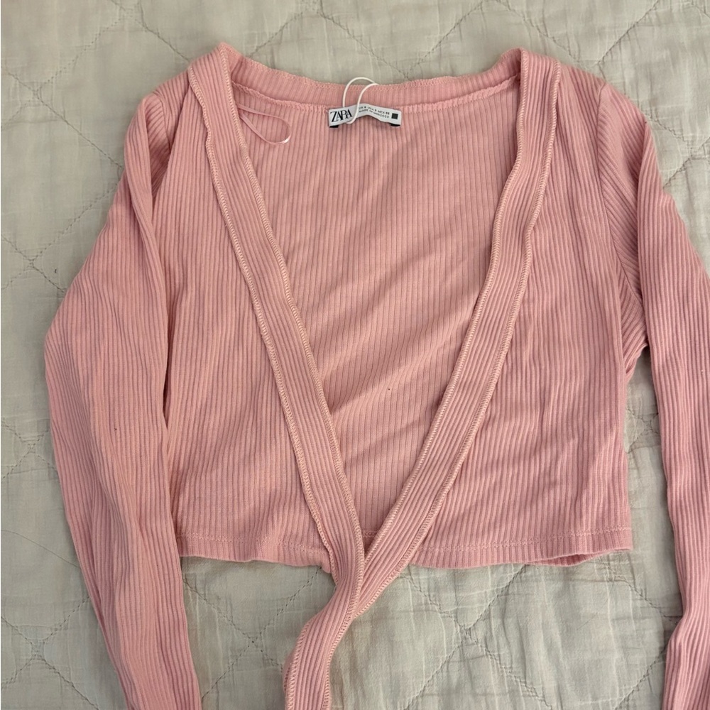 Zara Pink Ribbed Wrap Crop Top